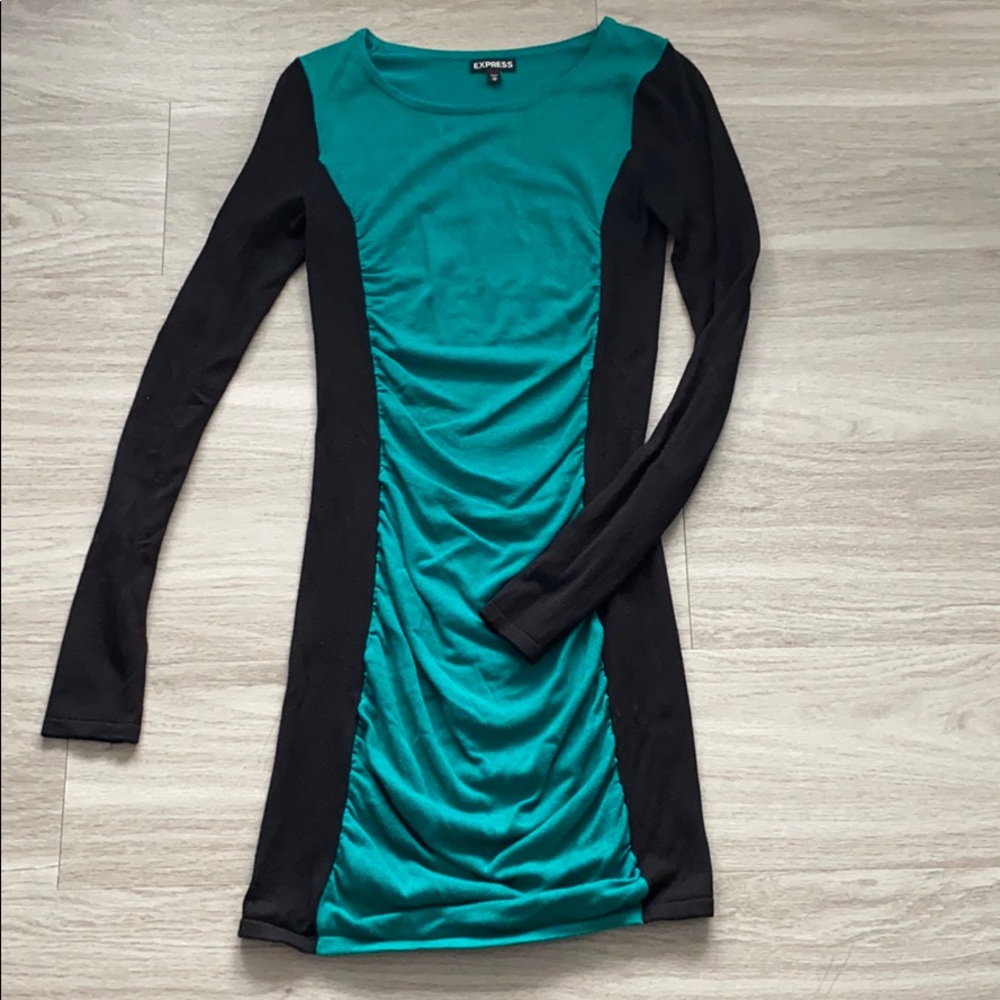 Express Black and Green Ruched Sweater Dress
